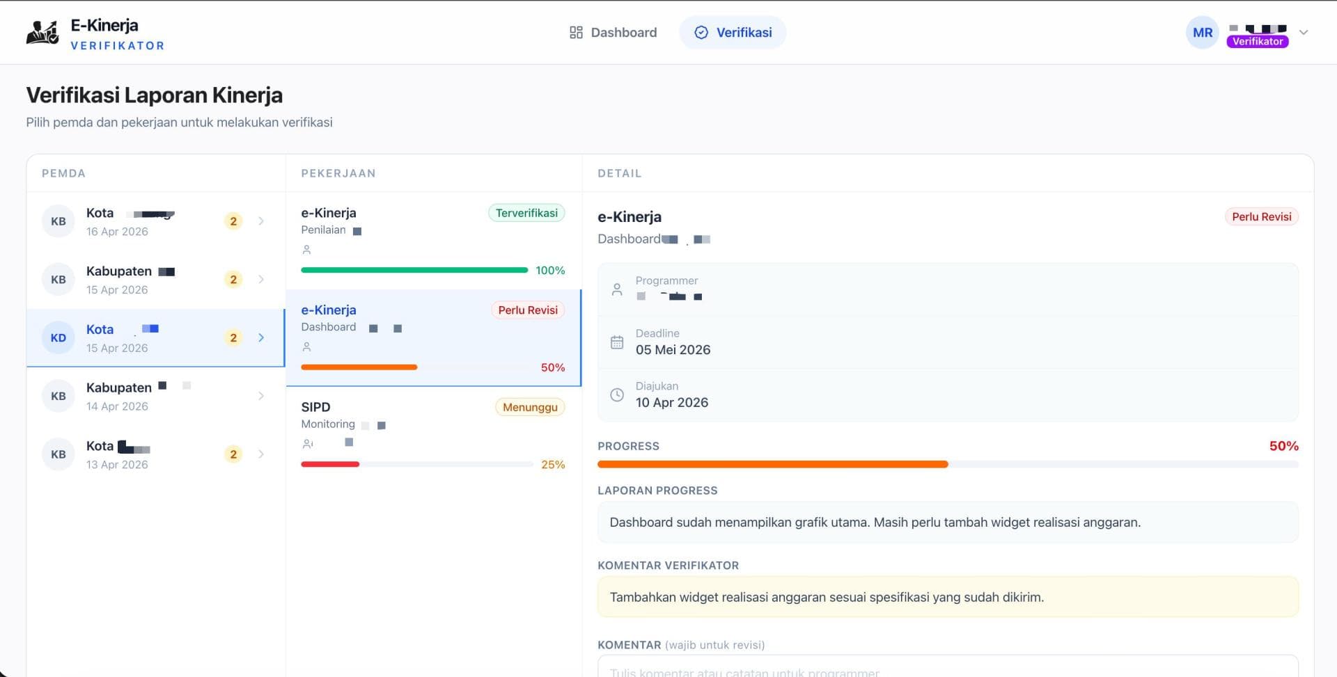 E-Kinerja sprint and task dashboard